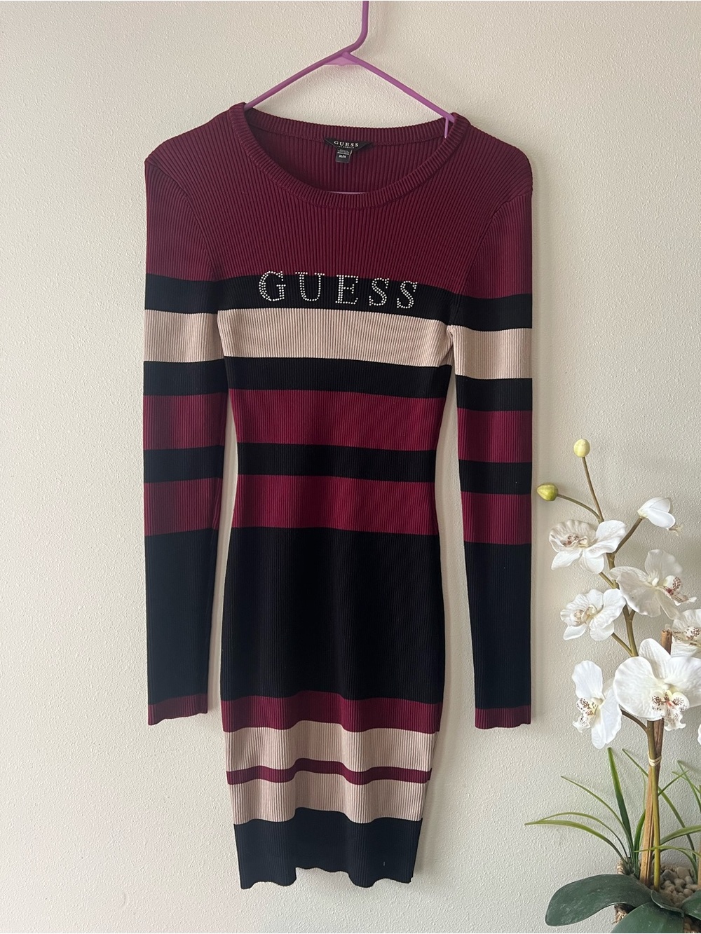 Guess Ribbed Long-Sleeve Striped Dress in Burgundy, Black & Beige